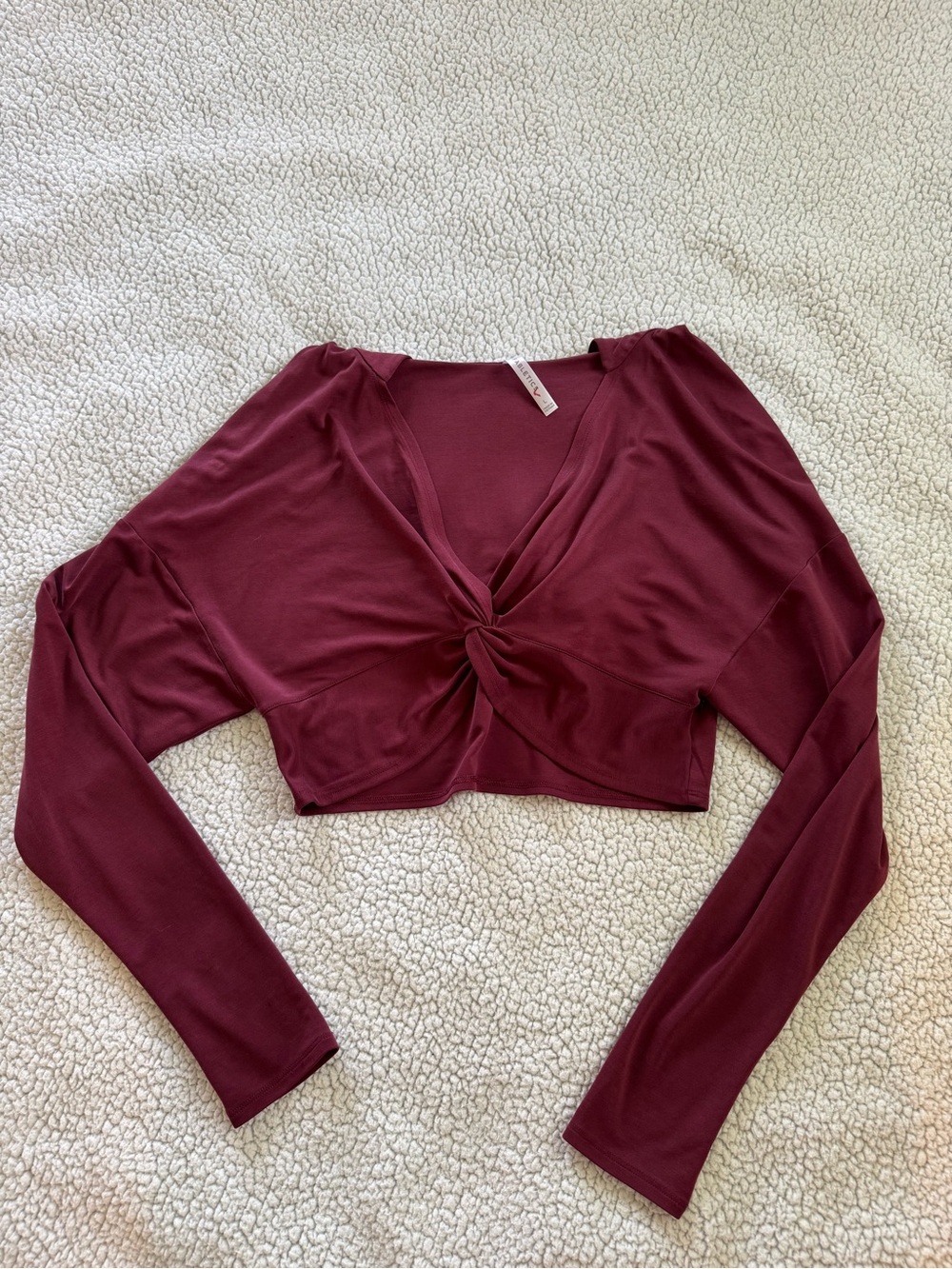 Fabletics Burgundy Knot-Front Long Sleeve Hooded Crop Top
